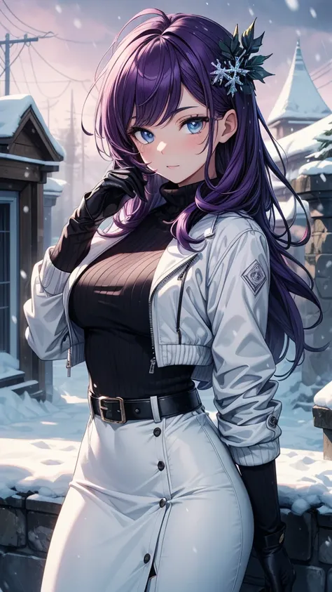 ((masterpiece, best quality:1.3, high detail)), beautiful woman looking at viewer, long hair, (purple hair), hairpin, bright blue eyes, (white jacket), (long skirt), black pencil (skirt), belt, boots, gloves, ((atmospheric)), stone, (snow), ruins, winter, ...