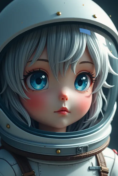  Close-up of an improved masterpiece:1.5)0.9], (Space and astronauts:1.2) ( Messy silver hair:1.1) (heterochromia:  xanthochromia and blue eyes :1.2) (Space helmet:1.0) ( Colored stars in the eyes:1.0) (A radiant glow:1.1) ( Thick lips:0.9)