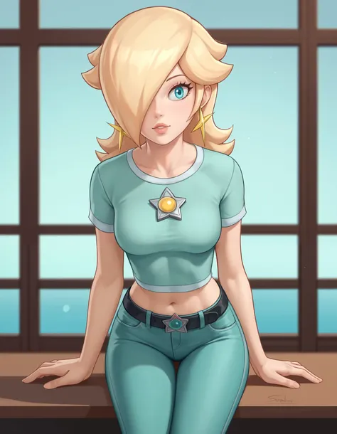 score_9, score_8_up, score_7_up, source_anime, rosalina, blonde hair, blue eyes, hair over one eye, long hair, star earrings, solo, cowboy shot, black t-shirt, taut clothes, tight shirt, midriff, navel, jeans, black belt, sitting, leaning forward, back vie...