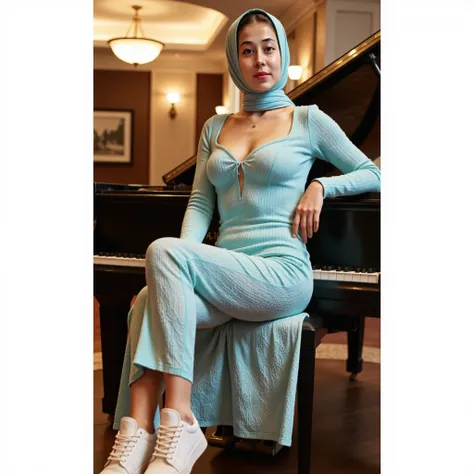 malay girl seating on the piano in the ballroom, sexy seducing pose, detail face, detail skin, 4k, hyper realistic, hotel ballroom hall, nighttime, wearing blue pastel hijab, pastel blue long lace backless dress, white sneakers, small tits, small breast, f...