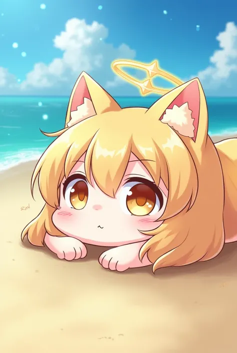  close up of a cartoon character lying on a beach, Beautiful cat girl anime , cute anime cat girl , beautiful anime cat girl , anime cat girl , anime goddess , Nekomimi, pixiv, style pixiv, on pixiv, on a sunny beach, clasificada entre las mejores on pixiv...