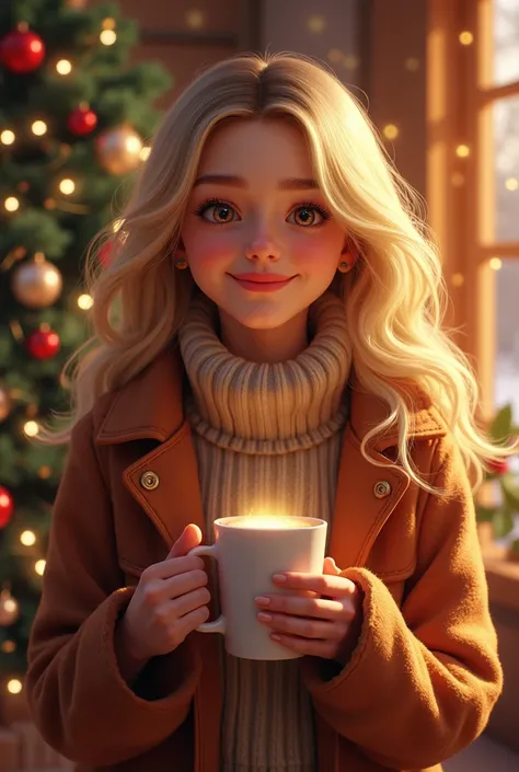 Create the image of a 20-year-old blonde girl enjoying the holidays