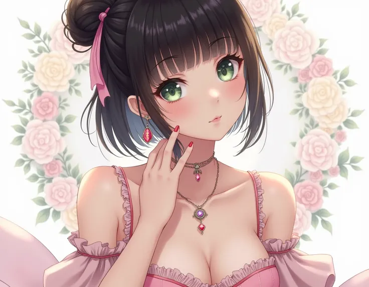 1girl, solo, flower, earrings, jewelry, looking_at_viewer, bangs, black_hair, green_eyes, nail_polish, short_hair, blunt_bangs, hair_bun, hair_ornament, ribbon, bare_shoulders, frills, detached_sleeves, parted_lips, bow, blush, lingerie, cowboy_shot, pink_...