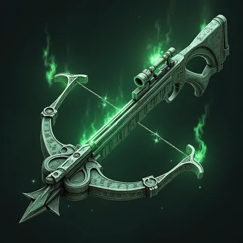 D&D art, Crossbow, Arcane, Infused with magic, glowing runes, Medieval design, crossbow like design, CROSSBOW, with handle and trigger, one handed, Dark green greyish metallic, one handed crossbow, with ammo, arcane ammo