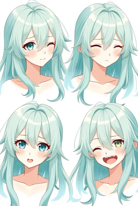 Kokomi from the Genshin Impact game,  Looking forward ,  with four expressions ,  eyes and mouth closed , eyes and mouth open ,  eyes open and mouth closed ,  and eyes closed and mouth open 