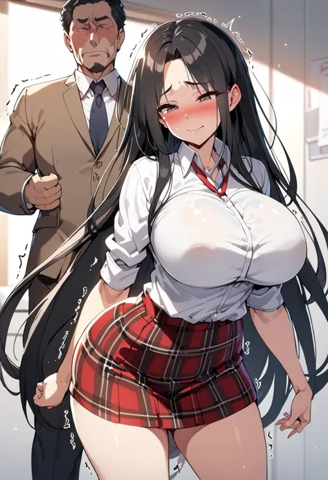 top quality, masterpiece,  High Definition , 8k, 女の子1peopleと男の子１people, ２peopleで,  Expressive Dark Brown Eyes , mature woman, (((Trembling Body))), ((( Straight Long Hair ))), ((( black hair))),  Big Breasts High School Girl,  uniform with a white shirt an...