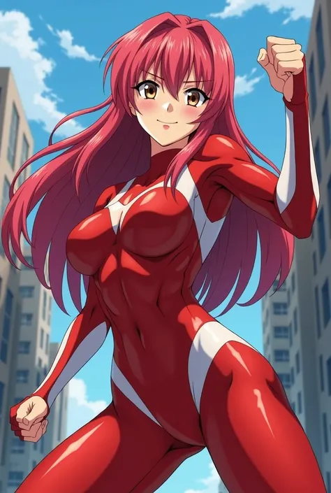 My Hero Academia Style , Anime girl, female, young female ,Full Body Shot,(fighting stance:1.3),Long hair, Red Hair,  Brown Eyes,Hero Suit, Full Body Suit, red suit with white details, perfect anatomy,  （Well-trained abdominal muscles）,（trained Biceps）,sup...