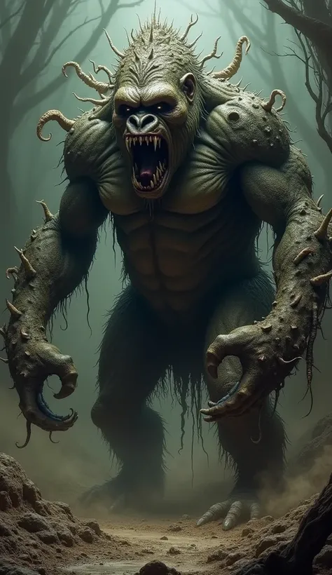 Create a horrifying hybrid furious creature from the fusion of gorilla and earthen filled with bizarre realistic tentacles in a dark place