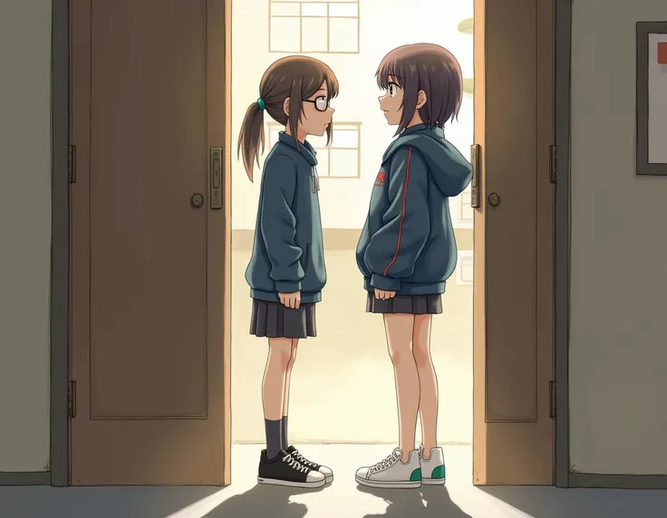  two girls outside in the door frame seeing each other , one that has a black polo shirt ,  a blue sweater and black sneakers ,  that is thin with a shoulder-length hair tied in a tail , and have glasses,  and the other who has short hair up to the shoulde...