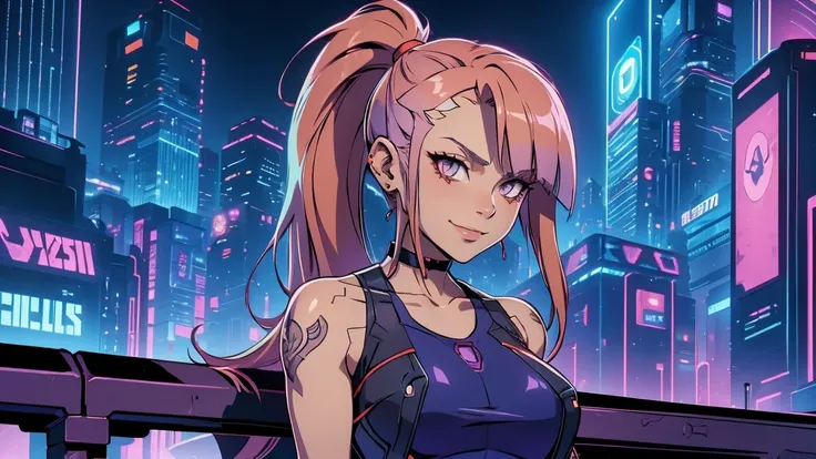 90s dark anime punk girl An urban city in the background illuminates her. She wears a leather vest over a red tank top and a choker necklace. She leans against a cyber motorcycle with a cigarette in her mouth and a cheeky smile. There is an overall purple ...