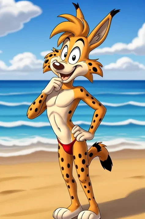 Lynx cartoon guy full length slim skinny in red speedo on the beach with a happy face striped tail
