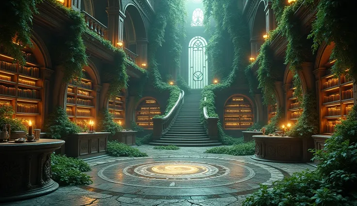 (best quality,8k,ultra-detailed,high-res,masterpiece:1.2),fantasy art,complex details,wallpaper,chronomancy AI, secret witch headquarters, interior, encroaching vine