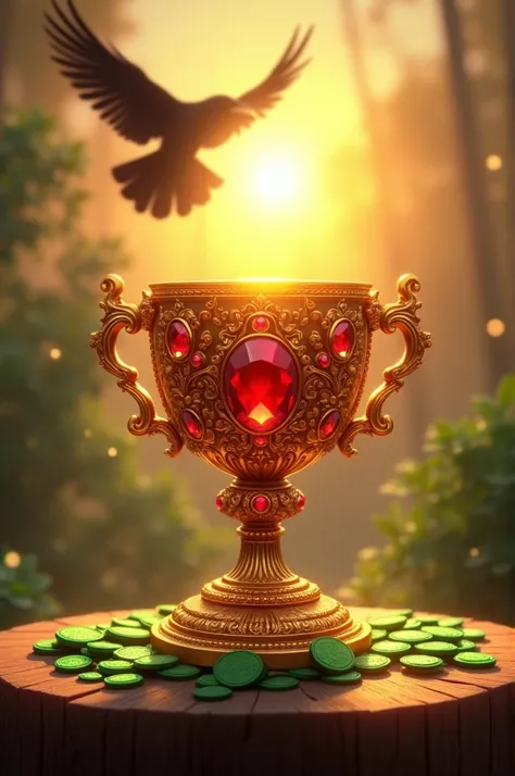 A golden cup with red gems that shines the light in the sun behind and green just below a wooden table with green coins on top of the table that passes a raven behind the cup and a sun behind everything