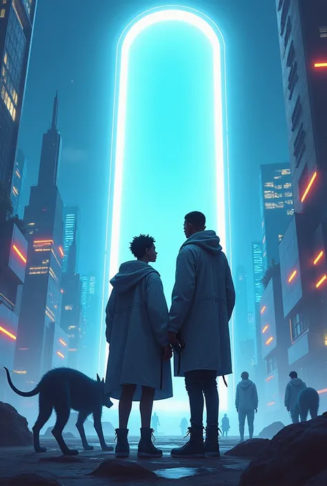 brazil.  Art as resilience and protest Anime Will Smith and Jaden Smith on an alien planet,  surrounded by exotic creatures frozen in time .  The setting is a futuristic city filled with neon lights ,  with floating buildings and a huge glowing portal behi...