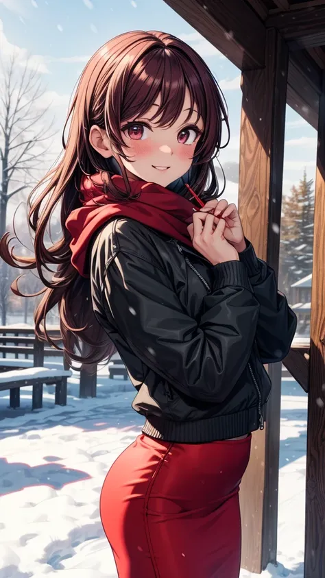 ((masterpiece, best quality:1.3, high detail)), beautiful woman, smile, hands up, looking at viewer, long hair, (maroon hair), solo focus, one person only, full-face blush, (brown jacket, white sweatshirt, red scarf, (long red pencil (((skirt)))), ((long r...