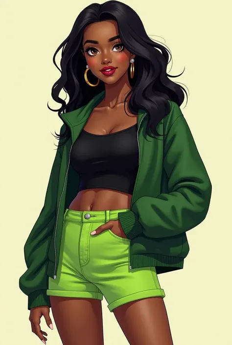 full body concept art, MCU style, a 20 year old girl, with an hourglass shaped body, with dark skin, wavy black hair, slanted dark brown eyes, she wears red lipstick, gold hoop earrings, she wears a short black shirt underneath a green jacket and vibrant g...