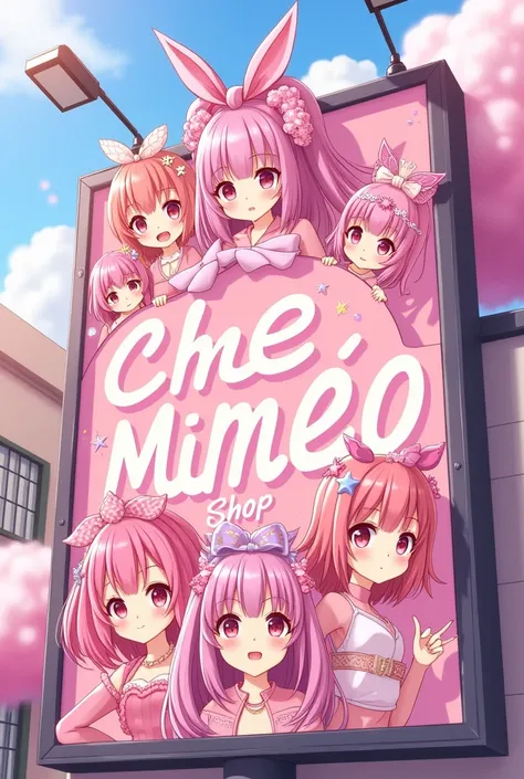 Advertising billboard of all kinds of pretty pink hair accessories, chữ Mimeo Shop, anime style