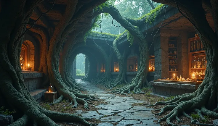 (best quality,8k,ultra-detailed,high-res,masterpiece:1.2),fantasy art picture,complex details,wallpaper, secret witch headquarters, interior, encroaching tree roots