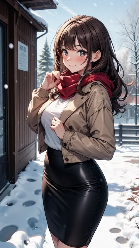 ((masterpiece, best quality:1.3, high detail)), beautiful woman, smile, hands up, looking at viewer, long hair, (brown hair), solo focus, one person only, full-face blush, (brown jacket, white sweatshirt, red scarf, (long black pencil (((skirt)))), ((long ...