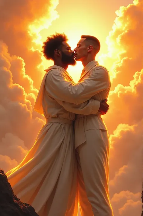 Two brown soldiers in heaven,hugging brotherly to shoulder to chest each other on the cliff crying together ,the one is afro hair hand his cloth is white glowing bright orange ,and the other has a clean cut hair and white cloth glowing bright orange ,they ...