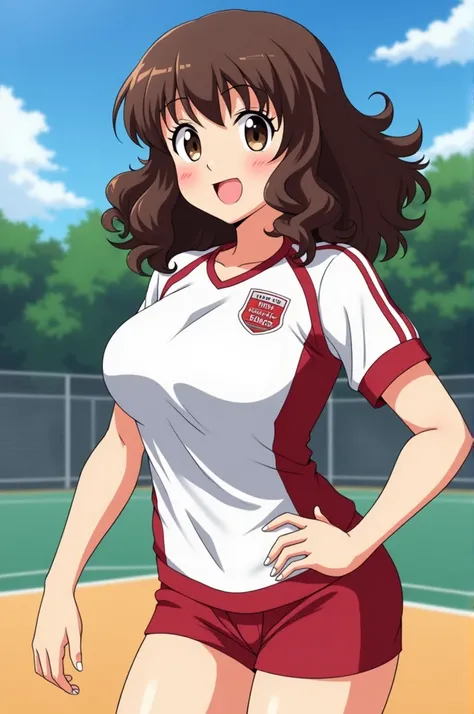  Create an image of a FEMALE CHARACTER with curly brown hair below the shoulder,  white skin , wearing the  "Haikyuu", chubby,  team uniform with features more in the anime style  "Haikyuu".