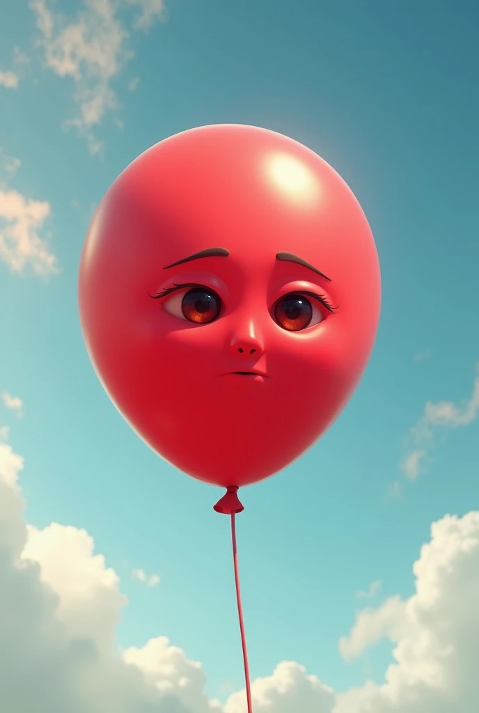 Close-up of the red balloon with a wistful expression. The wind gently blows past, and fluffy clouds drift in the blue sky.  
