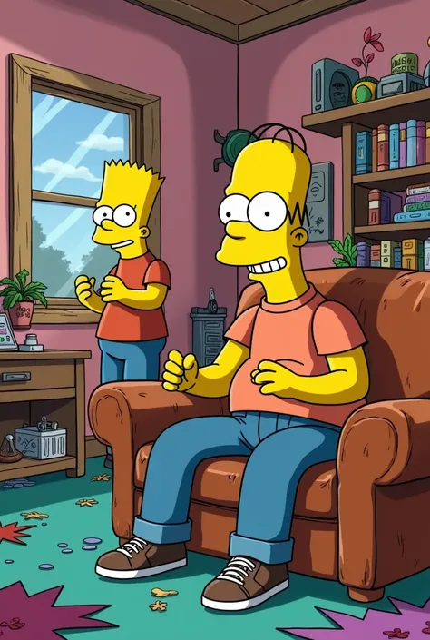 Sheldom Cuper sitting on the couch in The Simpsons standing there watching him