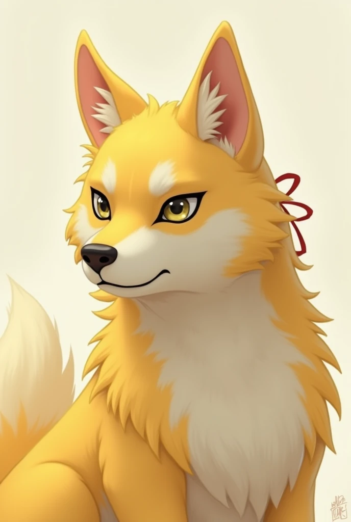 Generate a character in Sonic with these characteristics: a pastel-yellow Husky who has long hair with a small ponytail in the Zelda style and who has a serious expression