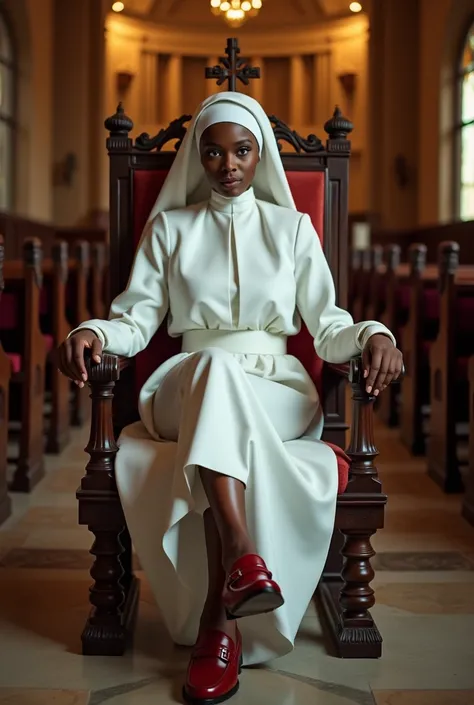 Beautiful Nigerian nun in a white leather habit and leather high heeled penny loafers, sitting elegantly on a throne in a church with a man lying at her feet and licking her shoes. The man lying on the church floor is kissing her feet with reverence and in...