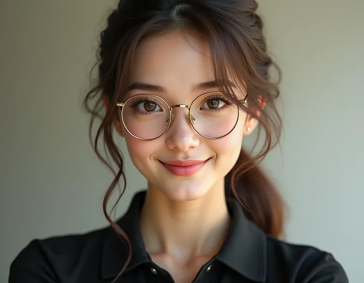  Create a girl with thin gold lenses, She has a straight nose ,  and soft brown hair ,  slightly light brown eyes ,  her hair is always tied to a tail , and she always wears a black polo ,  and has a very beautiful smile 