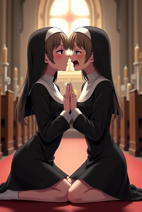  Lesbian teens dressed as a nun, Oppai,  praying in a church kneeling  , Ahegao face kissing 