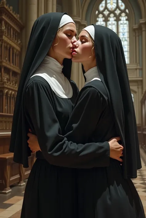 Young nuns inside the church kissing in hiding