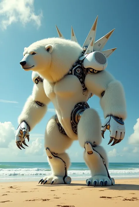 create a realistic photo of a giant creature combining the elements polar bear and air conditioning,  on the beach 
