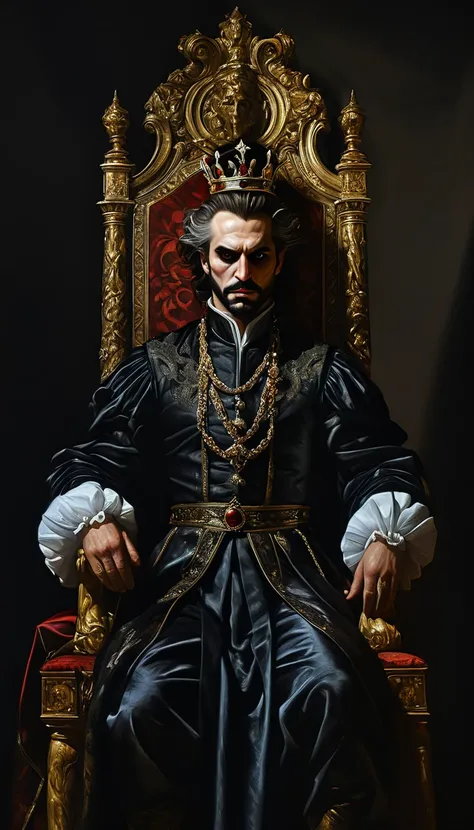 kefka palazzo is at left of the king on the throne, dark fantasy, sinister, plotting against the king, caravaggio style oil painting, chiaroscuro lighting, dramatic,intricate details, cinematic composition, muted color palette, dramatic shadows, detailed f...