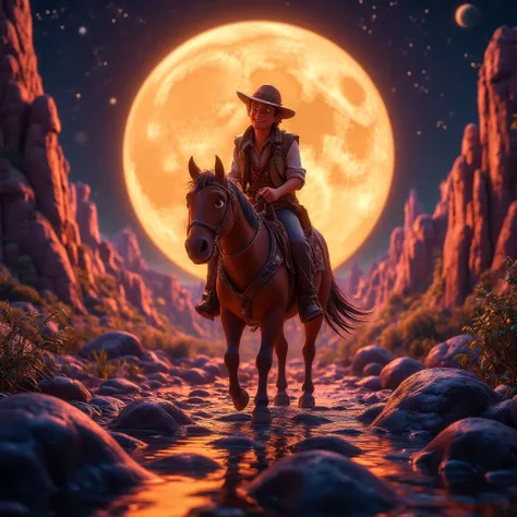 There is a man on a horse in front of a full moon, Riding a horse on the moon, cowboy, Cowboy on the Strip, Back photo of a cowboy, No old west, The Cowboy in the Strange West, old west, Lone guard, sonho de cowboy, western comics inspired, lonely rider, D...