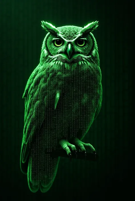 Image of an owl in green tones, created from a matrix of 0 and 1