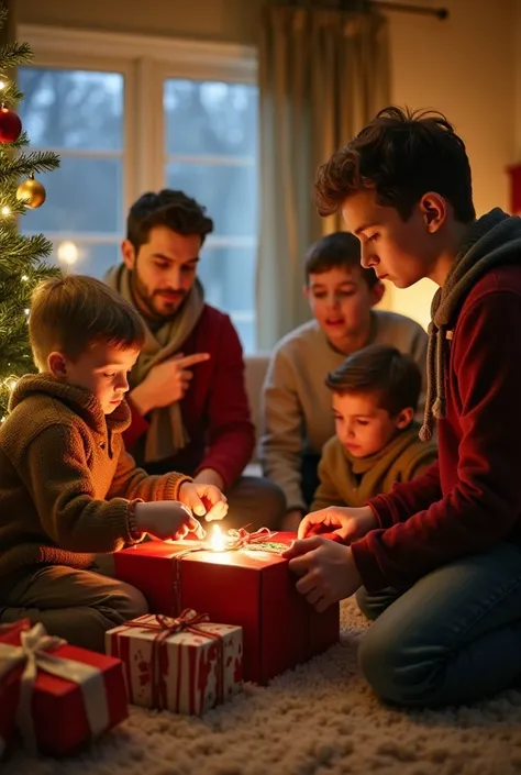  Create an image of a family gathered around the Christmas tree intent on discarding packages.  the protagonist is the youngest son  (about  ) Who is crying after discarding her gift because she received a copy of the Bible.  all the other family members l...