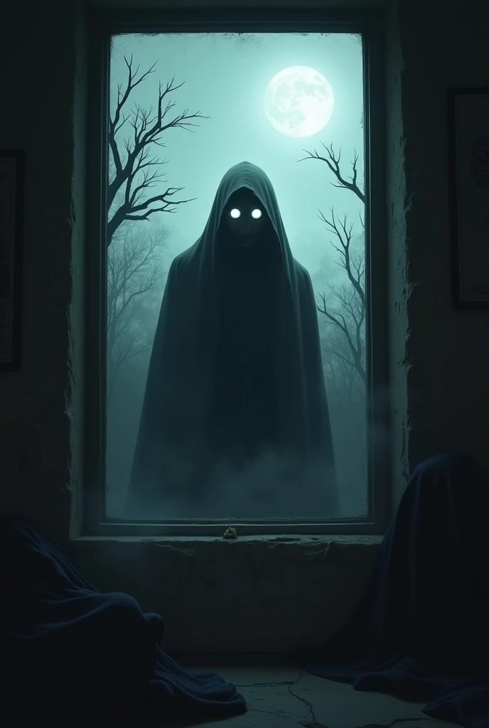 The shadowy figure with glowing eyes staring through the window.