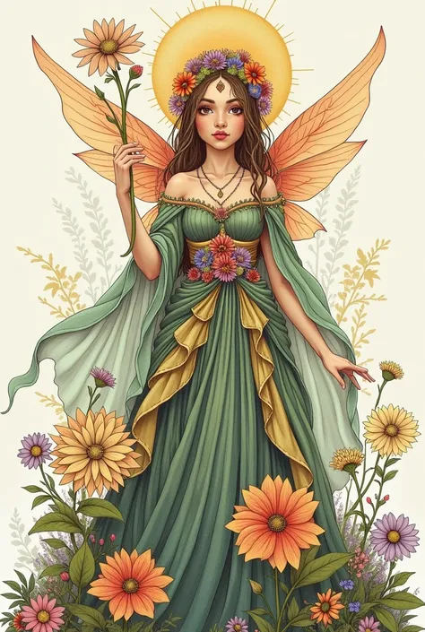 someone is drawing a picture of a fairy with a flower in her hand, elf girl wearing an flower suit, flower queen, humanoid flora, full color drawing, flower goddess, space flower fairy, inspired by Master of the Legend of Saint Lucy, an elf queen, complex ...