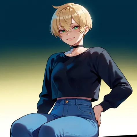 score_9, score_8_up, score_7_up, score_6_up, score_5_up, score_4_up, source_anime, nyantcha style, rating_safe, three quarter view, 1girl, teenager, green eyes, blonde hair, crossed bangs, short hair, pixie cut, freckles, big breasts, thick thighs, eyelash...