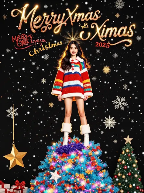 Highly detailed, photorealistic portrait of a joyful woman standing atop a vibrant, multi-colored Christmas tree with intricate patterns, adorned with a shimmering star, ornate ornaments, and twinkling lights. Lisamy wears a warm, striped sweater, crisp wh...