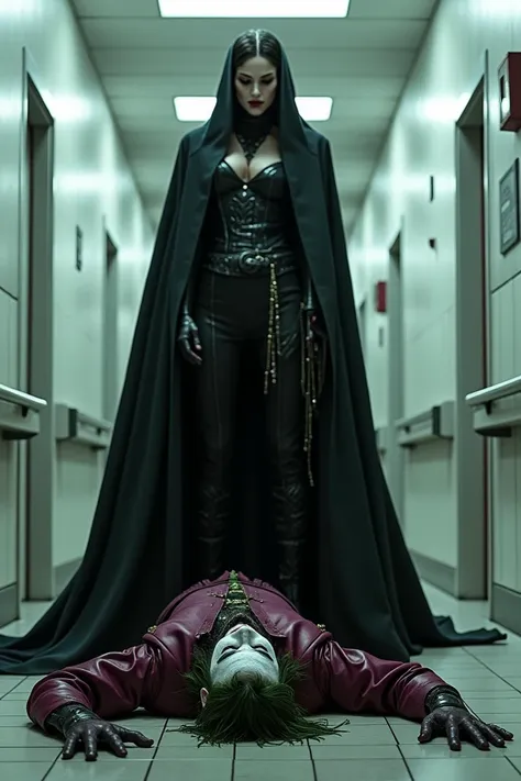 Monja Valak seeing the Joker defeated on the floor in an insane asylum, ultra realistic and professional images  