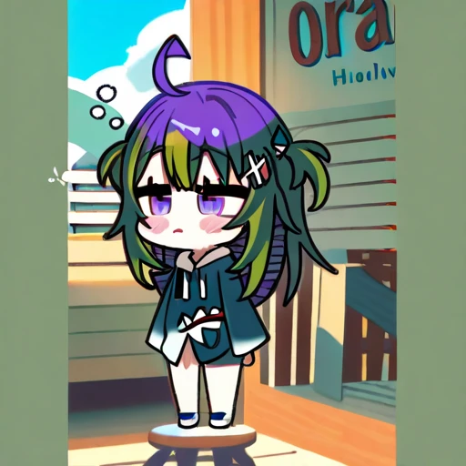 1girl, wearing Gawr Guras costume from Hololive, Blush, Purple Eyes, Sleepy, Tired, 