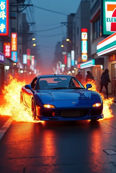  Make a blue Madza RX7 ,  setting fire through its exhaust ,  on a street in Japan filled with colorful lights, in front of a 7eleven  