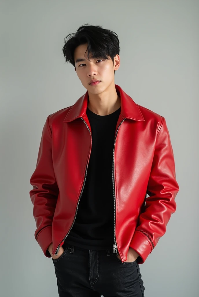 a young Korean male wears a red leather jacket with a black shirt and uses black jeans