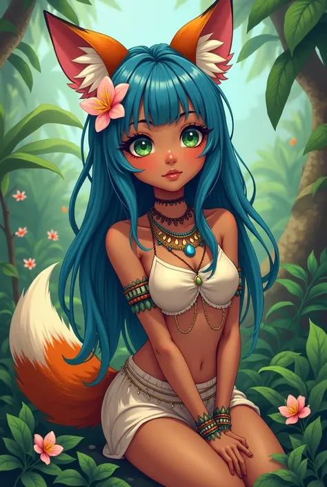 Create the anime tribal girl with blue hair with a flower, green eyes, brown skin, a foxs ear and tail, shes pooping.