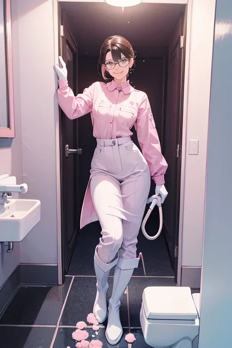  pink rubber gloves 　White rubber boots　Light blue long sleeve jellyfish work clothes 　 mature woman with dark hair wearing glasses　Toilet cleaning　mop　smile　Dirty toilet