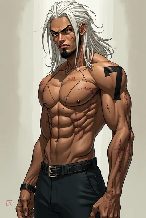 Tall mixed race anime male, white dreads, yellow eyes, lean gentle muscular build, with stitches all over his body. Black chin scruff, and a 7 branded onto his left hand