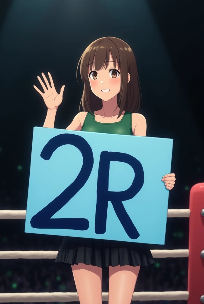 A full-length, high-quality, realistic photo of a beautiful Japanese teenage girl standing in the center of a boxing ring, holding a large, blue sign with dark blue letters that say "2R" in her right hand, and waving to the audience with her left hand. The...