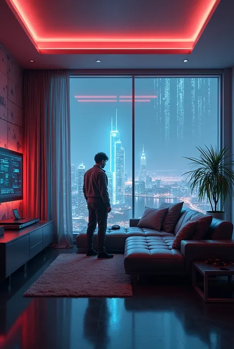 Realistic blade runner theme living room with computer, wall drawing or led lights, floor, window and sofa